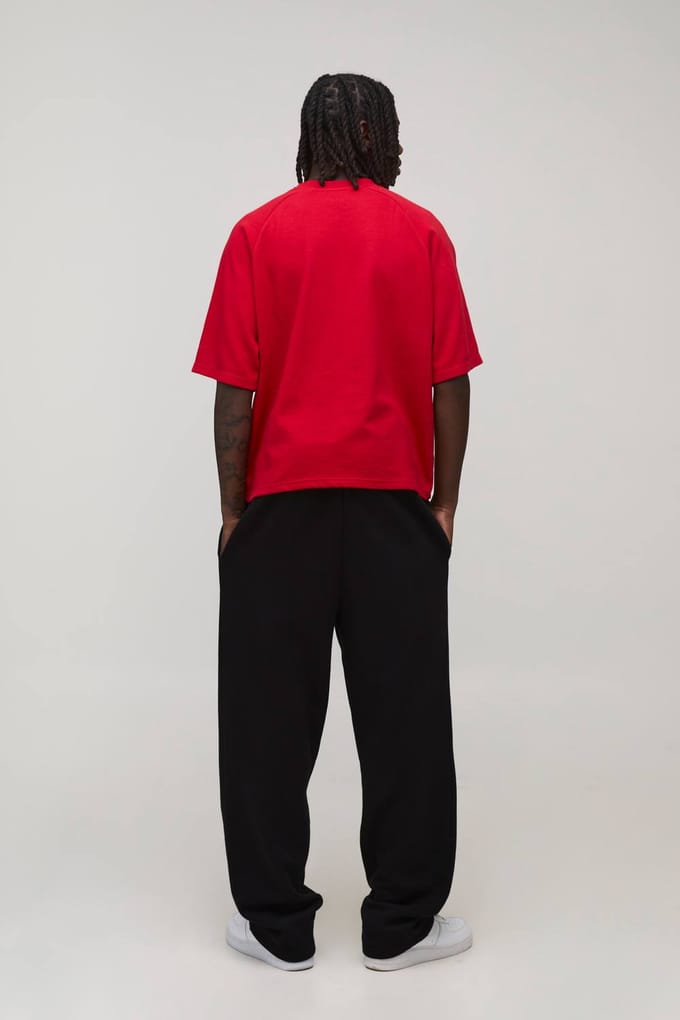 Oversized Boxy Waffle Raglan T-Shirt | Red | Size Medium