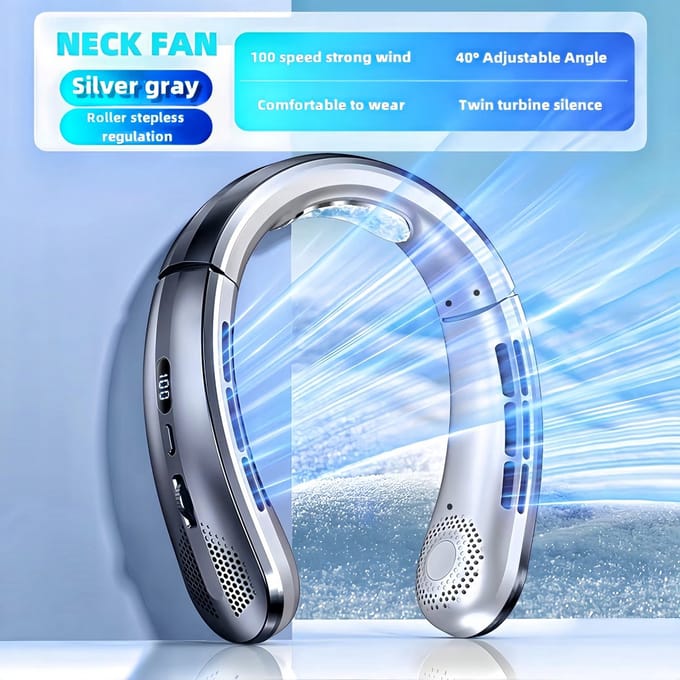 Zilveren Nekventilator USB Oplaadbaar – Bladloze Draagbare Halsventilator met Instelbare Windsnelheid – Handsfree Mini Ventilator