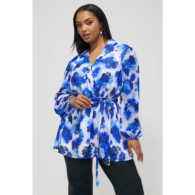 Yours London Blauwe Wazige Bloemenprint Wikkelblouse Size 58-60