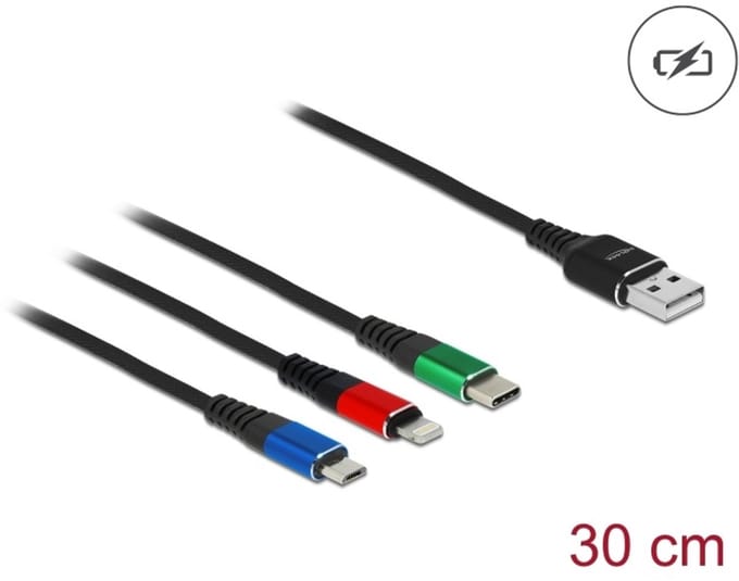 Delock USB Charging Cable 3 in 1 Type-A to Lightning™ / Micro USB / USB Type-C™ 30 cm 3-coloured