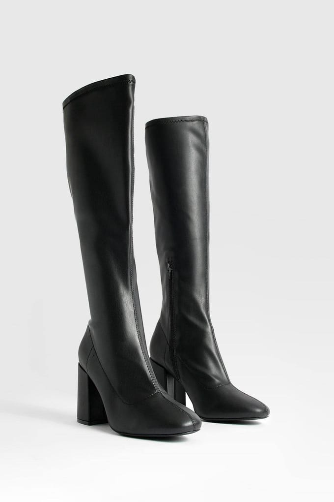 boohoo Dames Wide Fit Stretch Kniehoge Laarzen | Black | Maat: 4