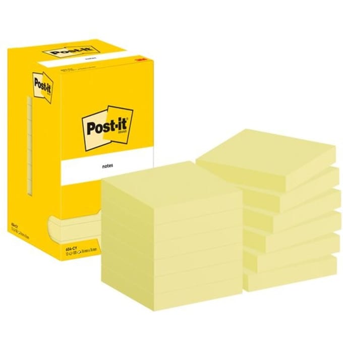 Post-it 654 CY sticky notes, 12 pads, 100 vellen per pad, 76 x 76 mm, PEFC-gecertificeerd, geel