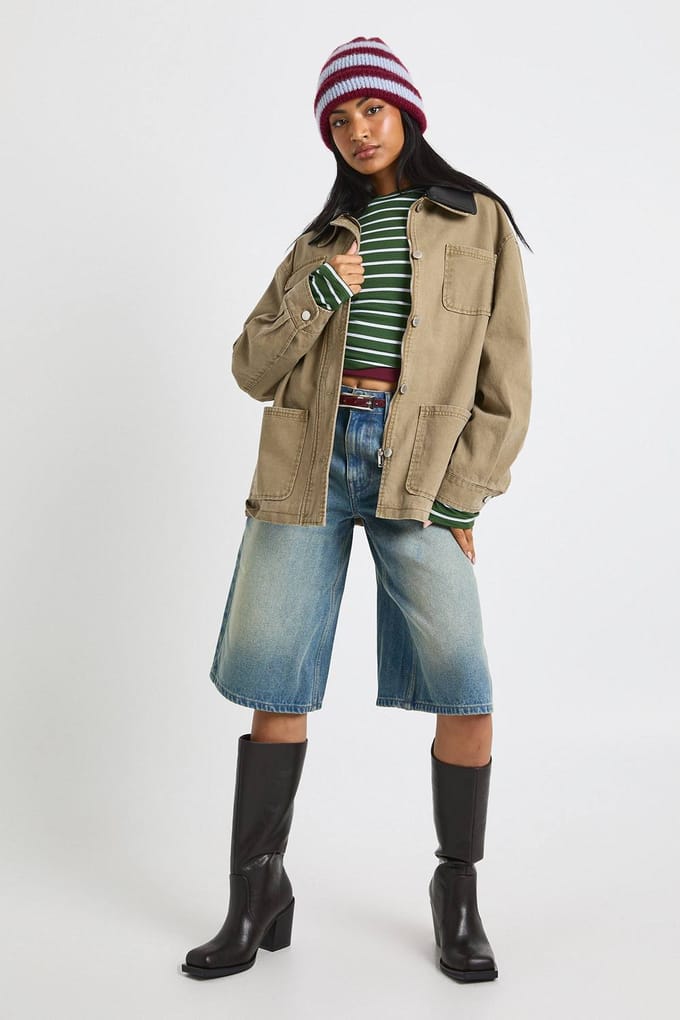 boohoo Dames Namaakleren jasje met contrasterende kraag Barn Jacket | Camel | Maat: 8