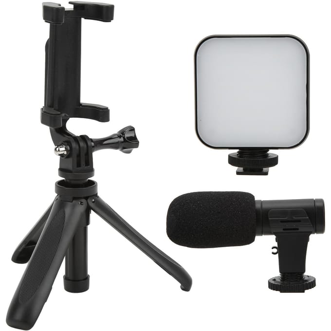Kit Vlogging Smartphone Kit Microphone Vidéo pour Téléphone Diffusion en Direct avec Lumière d'Appoint Trépied et Téléphone white