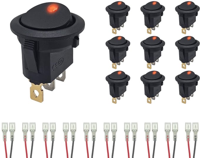 ProRide Wipschakelaar ON-OFF KCD2-12 - met Aansluitkabels - 3 pins - Rond - 12V/20A - LED indicator Rood - 10 stuks
