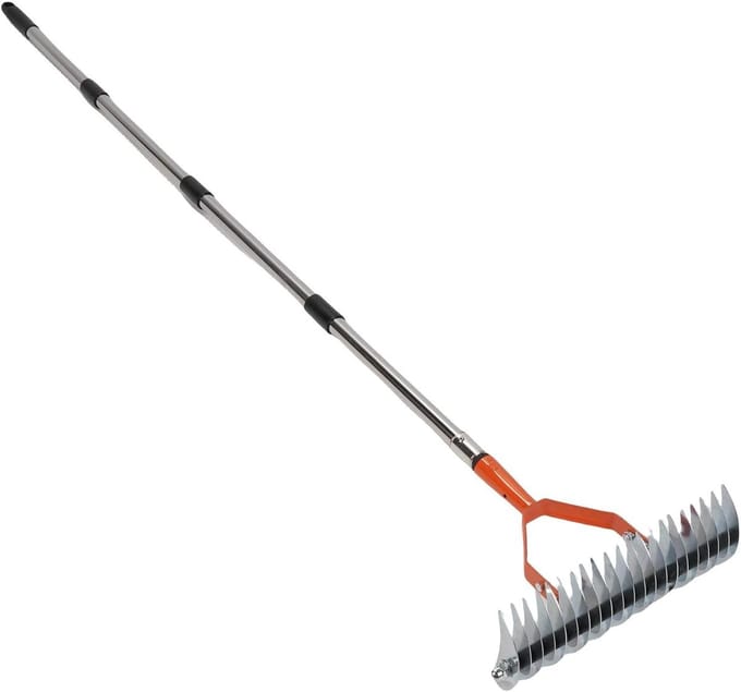 Gazon hark - Riet hark Verticuteer hark - Gazon onderhoud - Verstelbare handgreep - 134 cm - Zilver