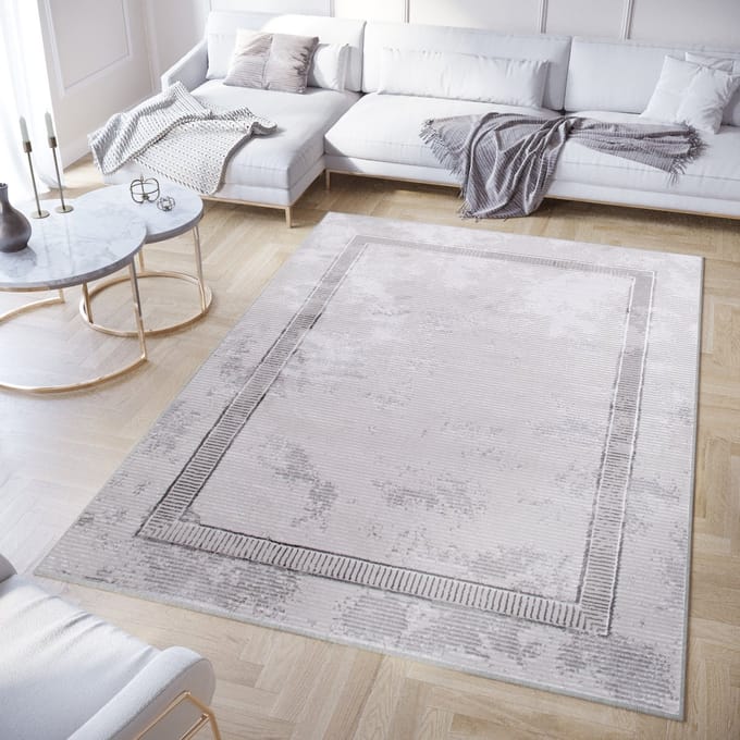 Tapiso Crystal Vloerkleed Grijs Frame Laagpolig Modern Tapijt Maat- 300x400