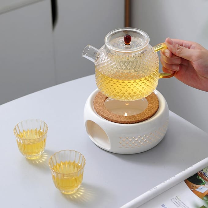 Theepotwarmer Porselein Koffiepotverwarmer Theepotbasis met Kurkonderzetter Thee Koffie Waterwarmer white