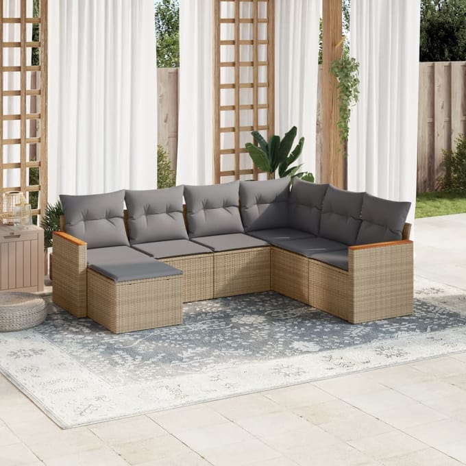 vidaXL - 7-delige - Loungeset - met - kussens - poly - rattan - gemengd - beige