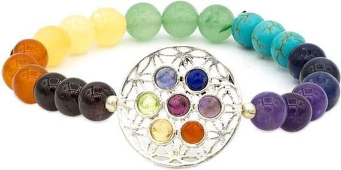 Yogi & Yogini naturals Armband 7 chakra's met bloem des levens symbool elastisch (8 mm)