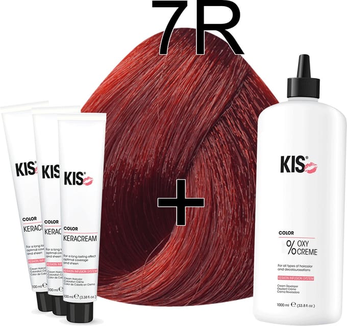 Kis KeraCream Color - 100ml - Haarverf Set - 7R Licht rood | KIS - (3 x haarverf & 1L waterstofperoxide)
