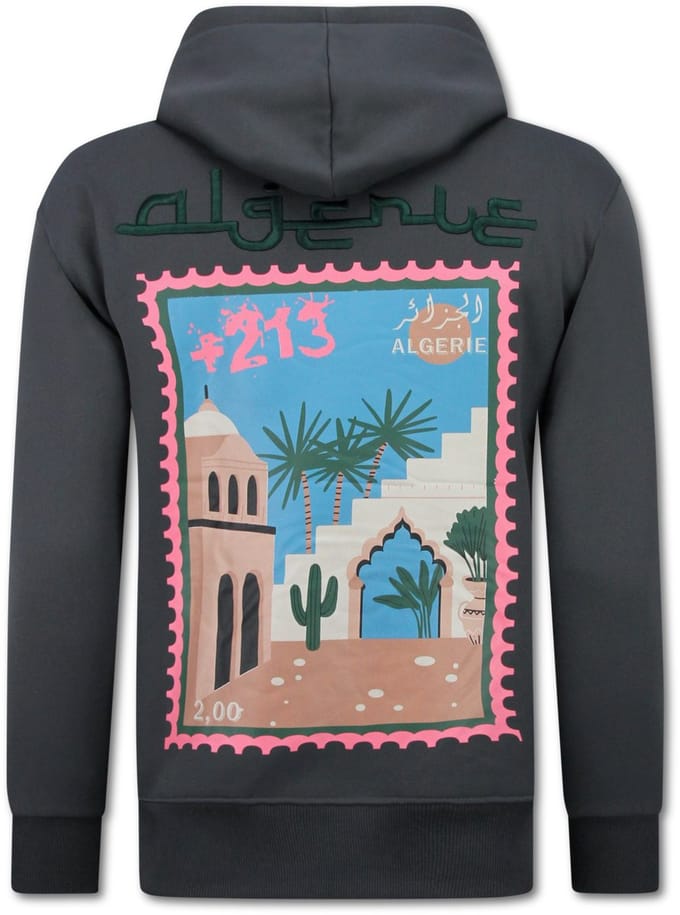 Oversized Hoodie Heren met Capuchon - Algerie Print - Dik Geweven - 5816- Grijs