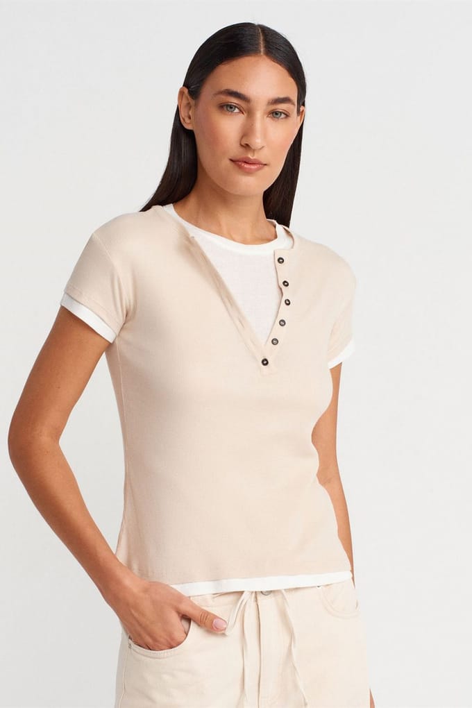 Dames Katoenen V-Hals Knop T-Shirt