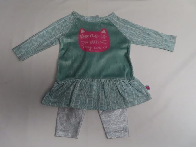 Ensemble - Meisje - Jurk + legging - groen /zilver - Poes - 3 maand 62