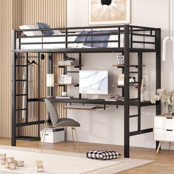 Hoogslaper 90x200 cm Zonder Matras – Met Bureau, 2 Boekenplanken en Uitschuifbare Toetsenbordplank – EN747 Gecertificeerd – Zwart
