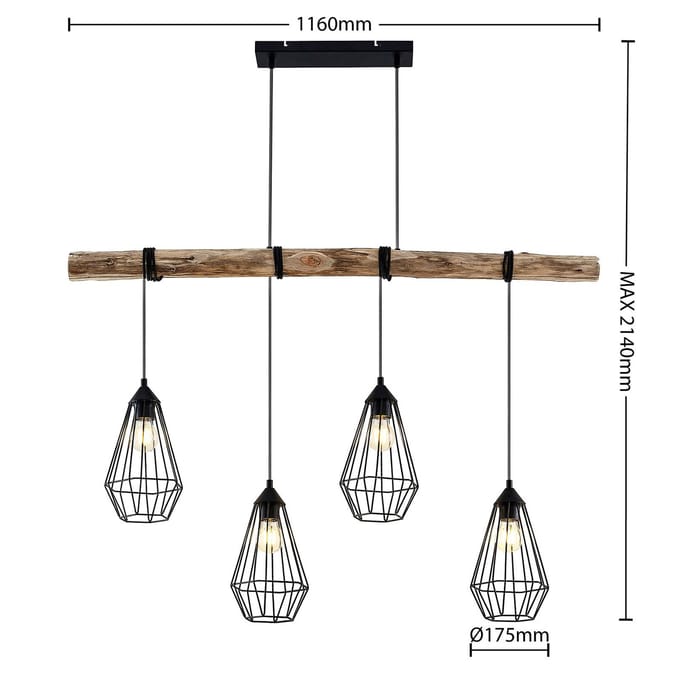 Lindby - hanglamp - 4lichts - Ijzer, hout - H: 25.6 cm - E27 - matzwart, licht hout