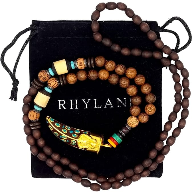 Rhylane - Boho Mala Ketting Met Tand Hanger – Hout & Steen -Bruin - 80 cm