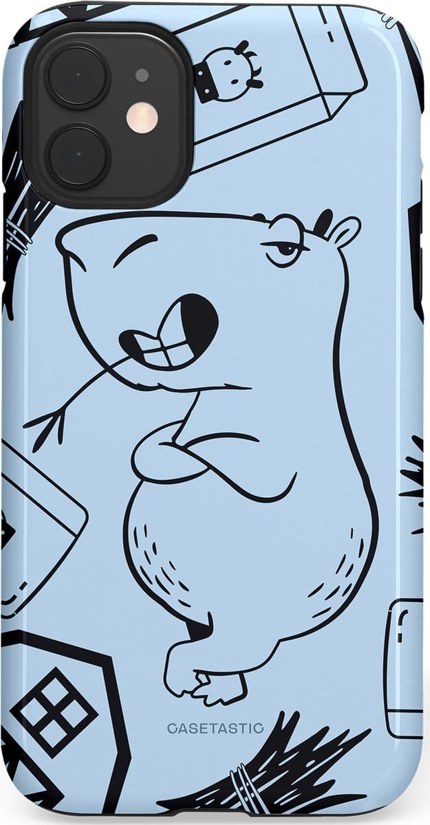 Casetastic hoesje geschikt voor Apple iPhone 11 - Dubbellaagse bescherming - Capibara chillen - Fashion Case - Lichtgrijs Donkergrijs Lichtblauw