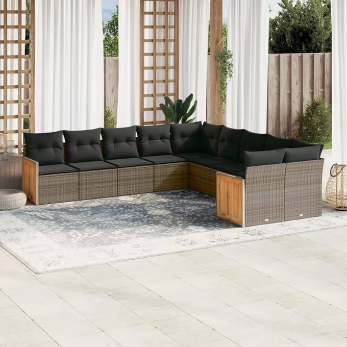 vidaXL - 10-delige - Loungeset - met - kussens - poly - rattan - grijs