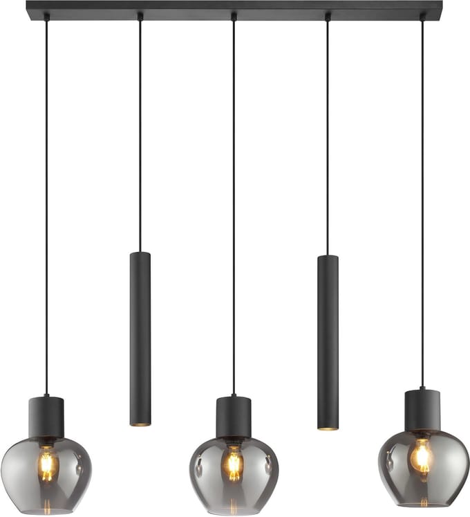 Brilliant Ligari - Hanglamp - 5-lichts - Balk 123 cm - E27 max 3x20W/GU10 max 2x10W - Zwart/Smoke