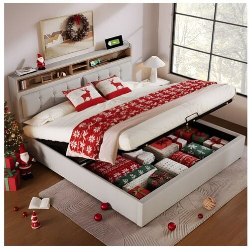 Merax Opbergbed 160 x 200 cm met opberghoofdeinde - USB - linnen stof - beige