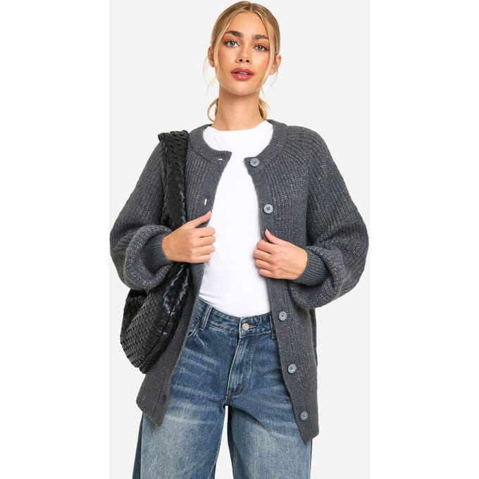 boohoo Dames Gebreide Oversized Boxy Cardigan met knoopsluiting | Charcoal | Maat: Small