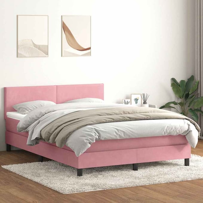 vidaXL - Boxspring - met - matras - fluweel - roze - 140x220 - cm