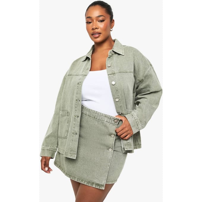 boohoo Dames Plus Khaki Gewassen Denimrok | Kaki | Maat: 52