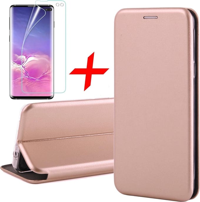 Hoesje geschikt voor Samsung Galaxy S10 Plus - Screen Protector PET - Book Case Kunstleer ThinShield Goud & Screenprotector