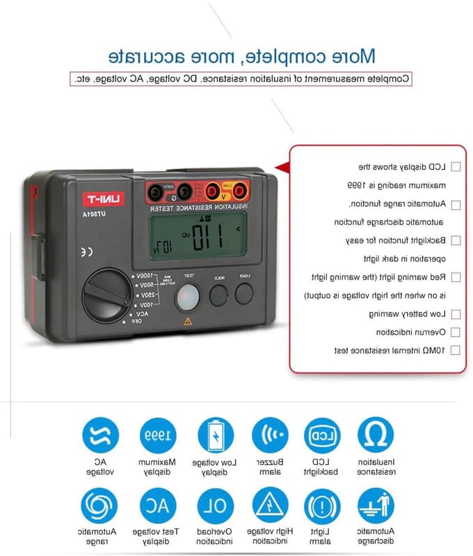 Isolatiemeter - Weerstandsmeter - Elektrische Controle - Automatische Ontlading - 2000 Count LCD - Multicolor