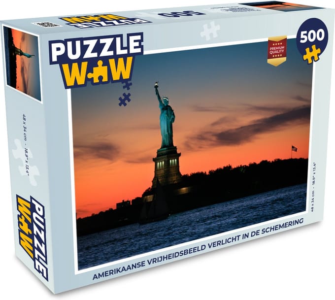 Puzzel Amerikaanse Vrijheidsbeeld verlicht in de schemering - Legpuzzel - Puzzel 500 stukjes