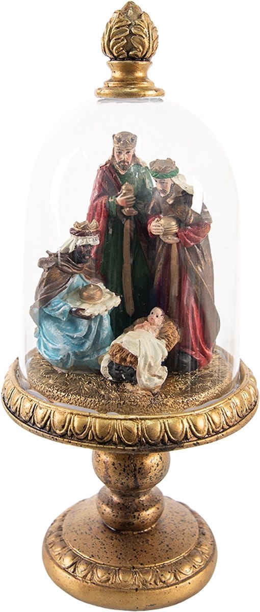 Clayre & Eef Stolp Kerstgroep 35 cm Goudkleurig Kunststof Glazen stolp