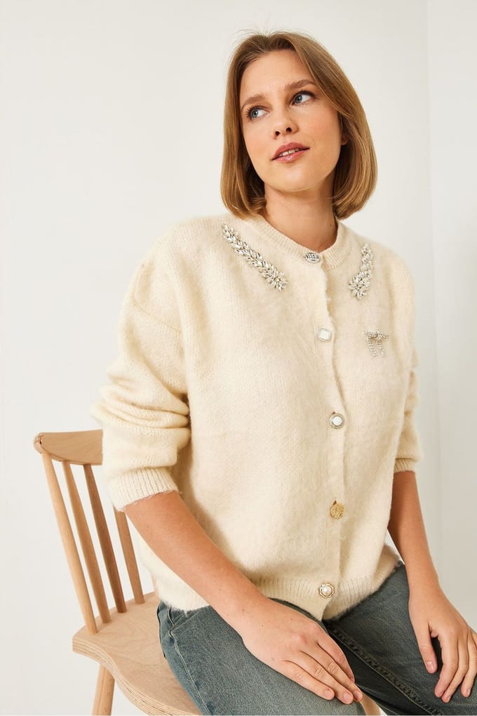 Versierde Ronde Hals Lange Mouw Cardigan