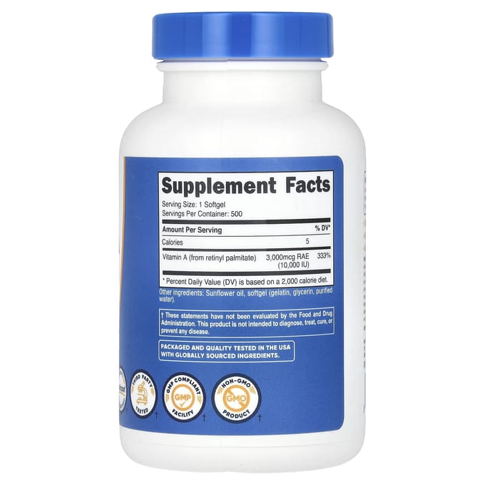 Nutricost, Vitamine A, 10 000 UI, 500 capsules molles
