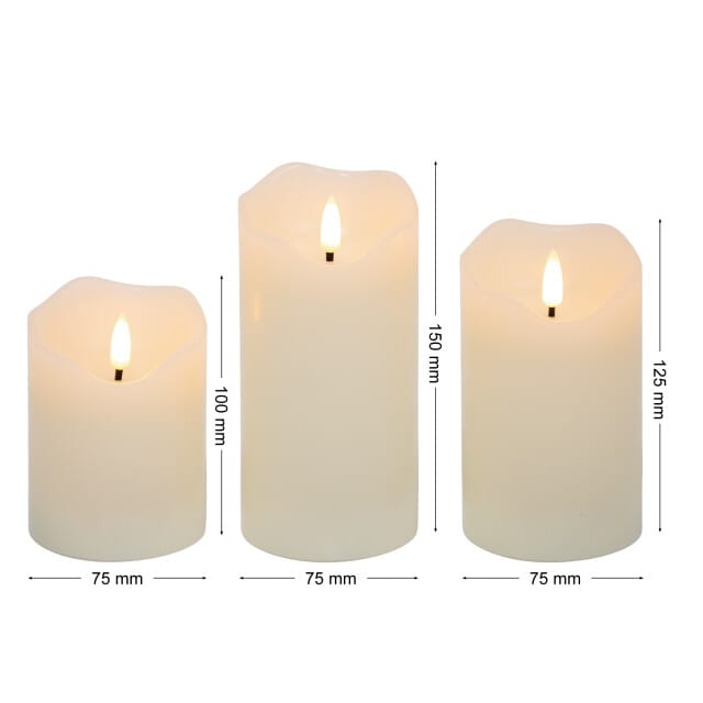 OMNIEXA LED Kaarsen Set (3 Stuks) - Echte Was - Wave Top & Glad Design - Crème - Met Afstandsbediening & Timer - 3D Vlam
