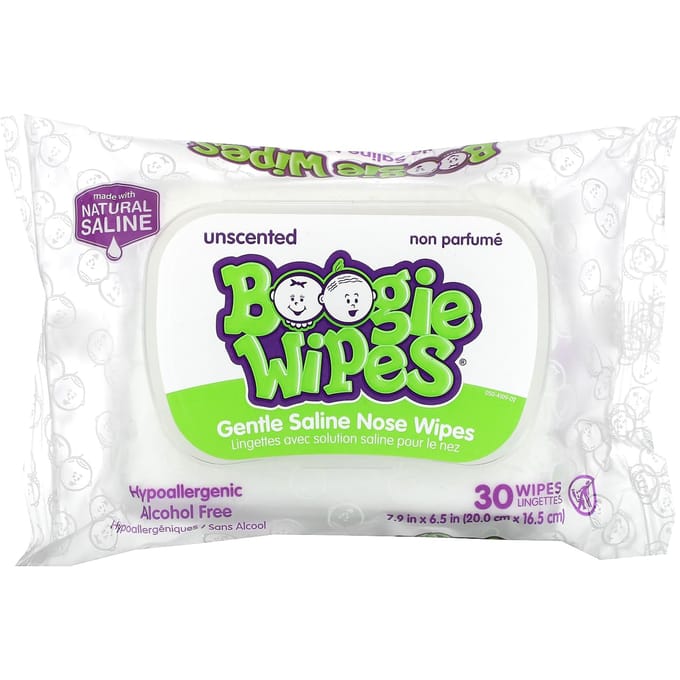 Lingettes nasales Boogie Wipes, solution saline douce, non parfumée, 30 feuilles white