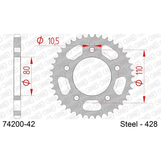 Stalen motortandwiel achteraan Afam 428 42 dents