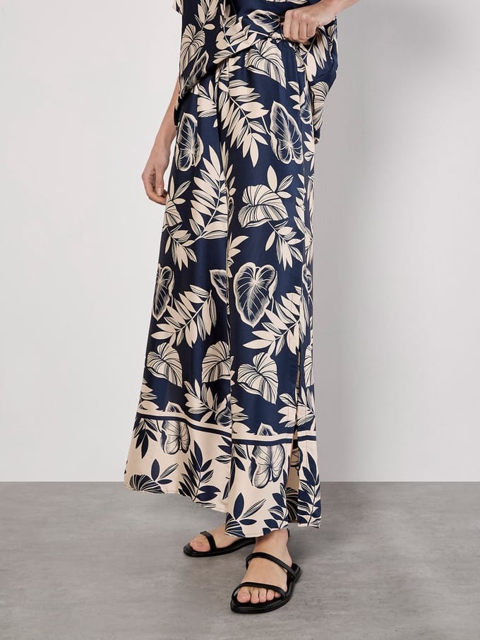 Tropical Leaf Print Satin Wide Leg Trousers