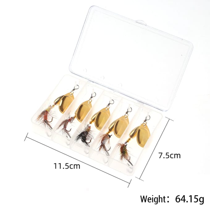 5 stuks Spinner Bait Set Vlieg Strikers Assortiment Vis Spinners Kunstaas met Haak voor Baars Forel goud