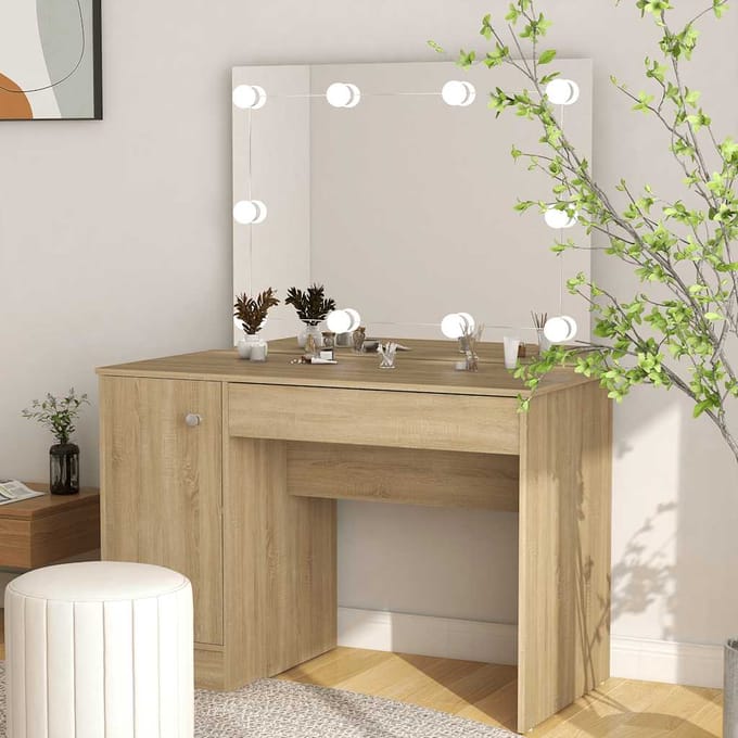 vidaXL - Kaptafel - met - LED-verlichting - 110x55x145 - cm - MDF - eikenkleurig