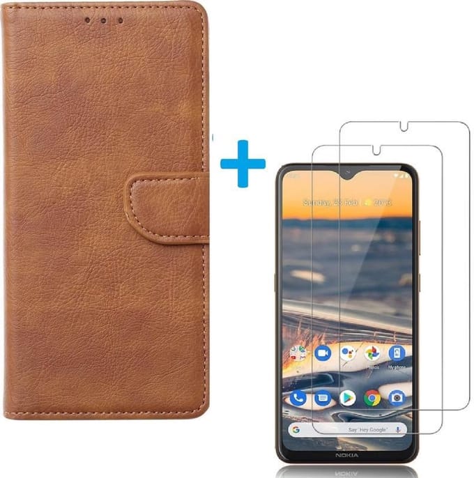Bookcase Geschikt voor: Nokia 1.3 - Licht Bruin - portemonnee hoesje met 2 stuks Glas Screen protector