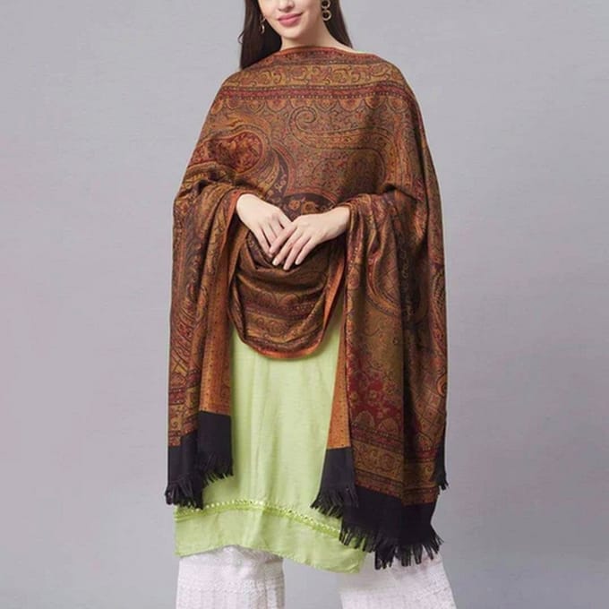 N3 Collecties Pashmina Zijde Jamawar-Sjaal: Bruin-Zwart