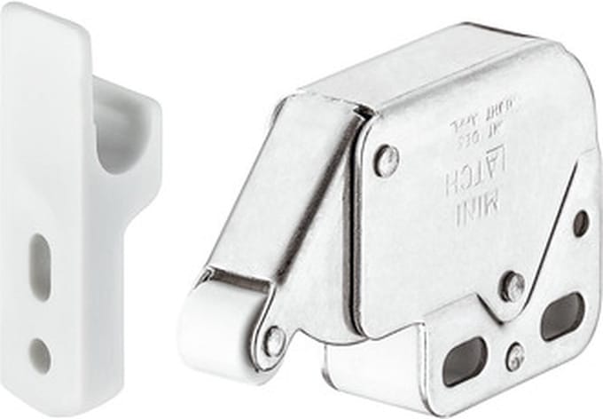 Veersluiting met snapper, Mini-Latch, om te schroeven, snapper sluiting: vernikkeld/wit, tegenstuk: wit