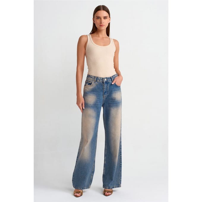 Dames Hoge Taille Wijde Pijpen Katoenen Jeans