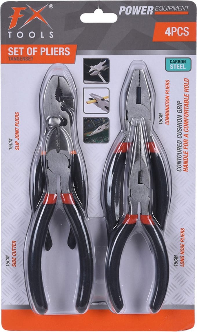 FX Tools Tangenset - 4-delig - 15 cm - kniptang/schuiftang/combitang/punttang - gereedschapset