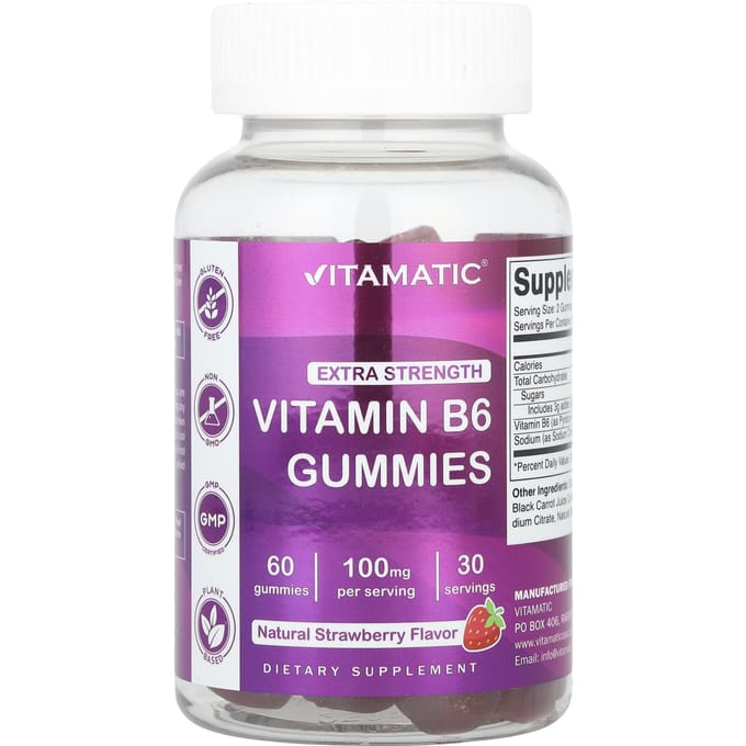 Vitamatic, vitamine B6, extra sterk, bessensmaak, 100 mg, 60 gummies (50 mg per gummy)