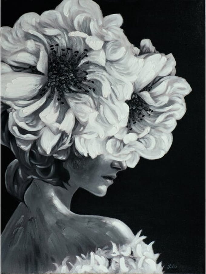 Schilderij Lady with flower in black and white - Acryclic Painting