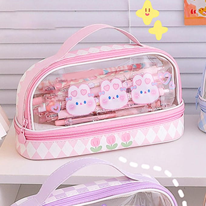 Trousse à crayons imperméable, motif dessin animé mignon, transparente, avec fermeture éclair pour les étudiants rose