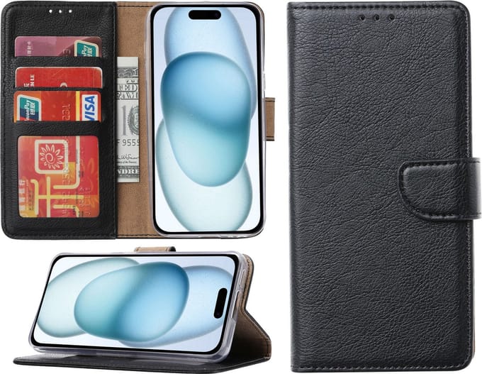 Hoesje geschikt voor iPhone 15 Plus - Bookcase - Pasjeshouder - Kunstleer - Zwart
