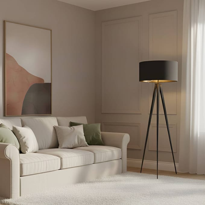 Lindby vloerlamp Benik, driepoot, textiel, zwart/goud, 153cm
